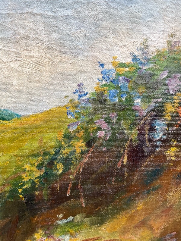 Impressionist Lars Kliim Summer Landscape With Old Farmer's Cottage Antique Oil gallery