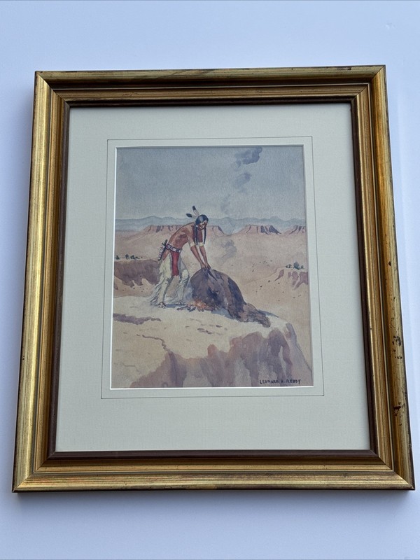 LEONARD REEDY ANTIQUE TRIBAL PAINTING INDIAN NATIVE AMERICAN INDIAN SMOKE SIGNAL
