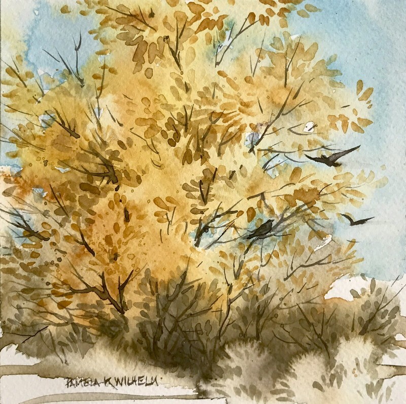 Original Watercolor 7”X7” Pamela Wilhelm Golden autumn crows Cottonwood tree