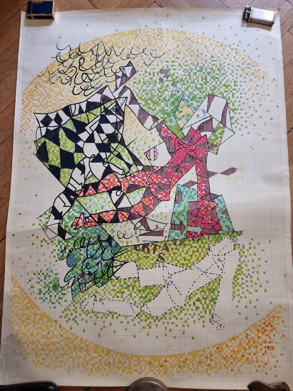 Edmundo Aquino Modernist Mexican Painter Early Work 1969 Colored Pencils Markers