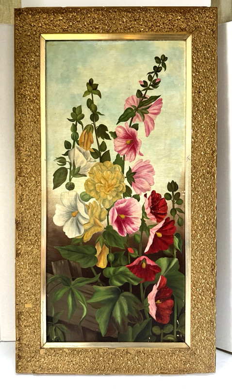 Vintage Original Flower Painting – Hollyhocks, Oil on Canvas, Unsigned, Framed