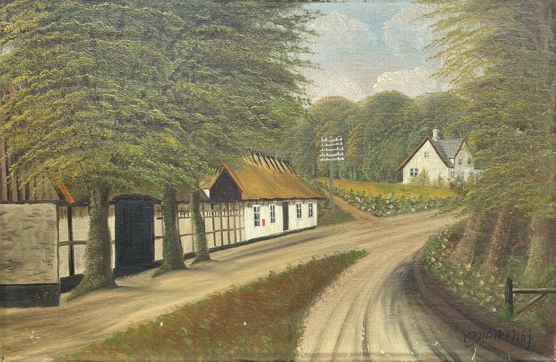 UNKNOWN PAINTER VILLAGE ROAD WITH COUNTRY HOUSES DECIDUOUS TREES OIL PAINTINGS CIRCA 1920