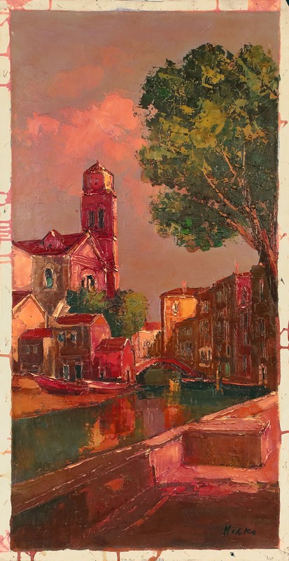 MILKO Signed Vintage MId-Lt 1960s Italian Painting VENETIAN CANAL SCENE Sunset
