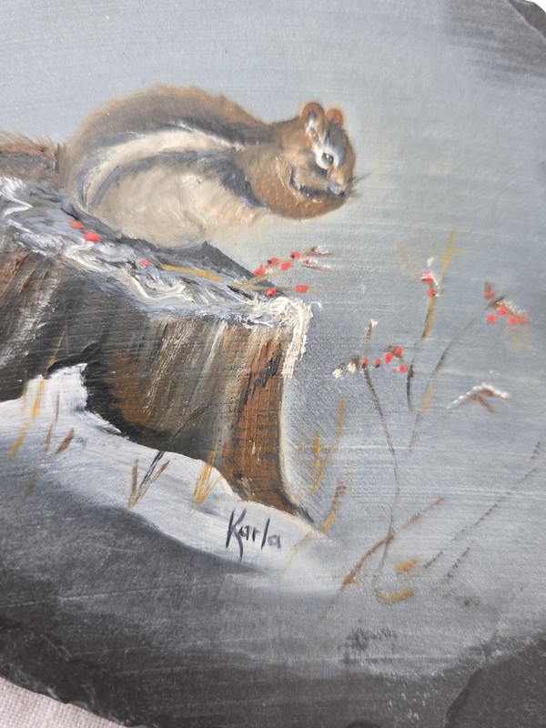 Chipmunk Vtg Signed Painting Hand Painted Art Slate Stone Slab Cottage Snow gallery