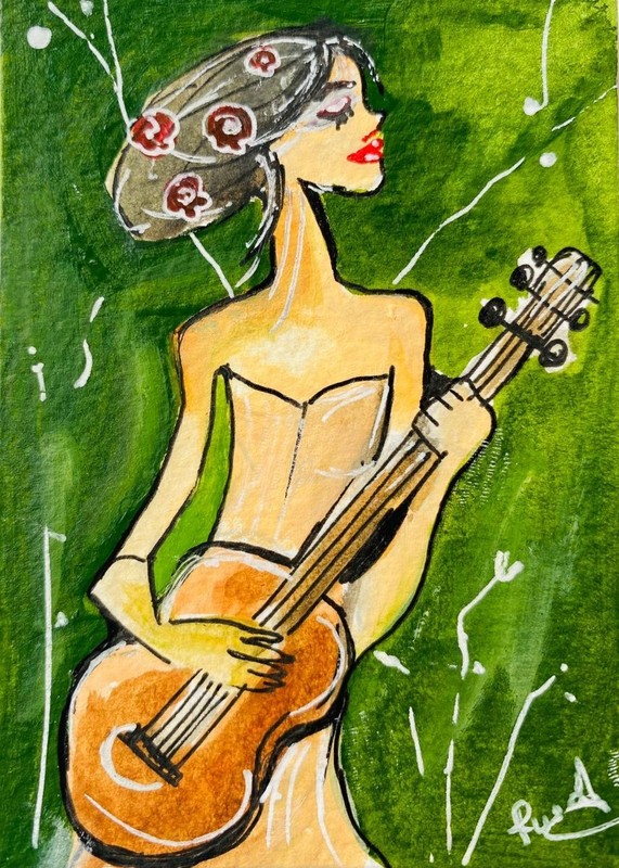 Woman With Guitar Abstract ACEO Original Mini Art Female Musician Player Card