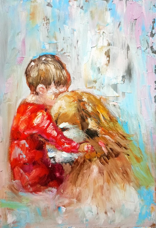 Original Oil Painting Kid with Dog 5×7″ Small Pet Art Child & Dog Unframed