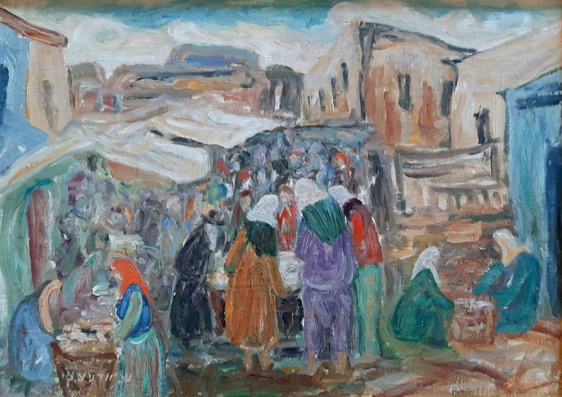 SHMUEL WODNICKI (1895-1980), Oil on Board, Market Day, Shtetl, signed