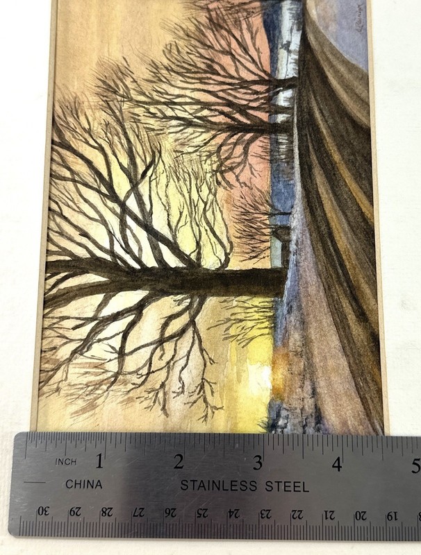 Winter Landscape Watercolor Painting Illegible Signature Matted 10x8 Sunset gallery