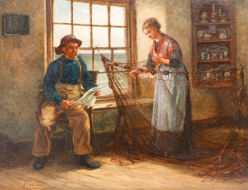 Edith Hume (1843-1906) - 19th Century Oil, Mending Nets gallery