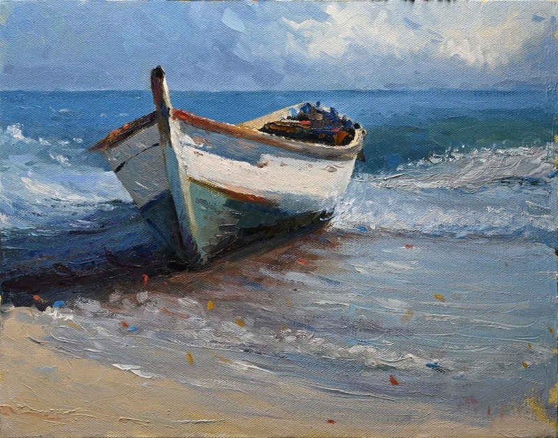 MQ802 Stretched Canvas Frame / Unframed Handmade Boat By Sea Oil Painting Art