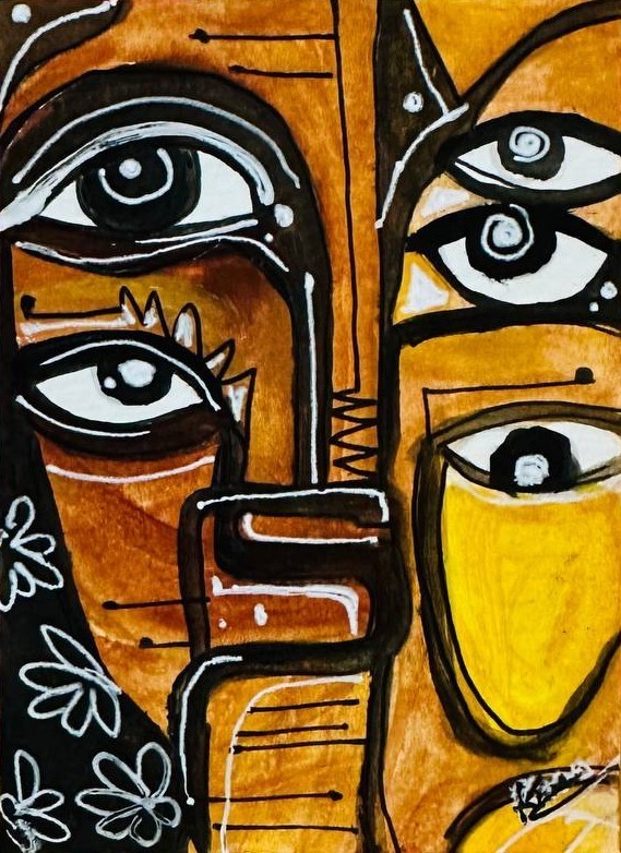 Abstract Cubist Face Painting Original ACEO Outsider Folk Art Surreal Eyes OOAK