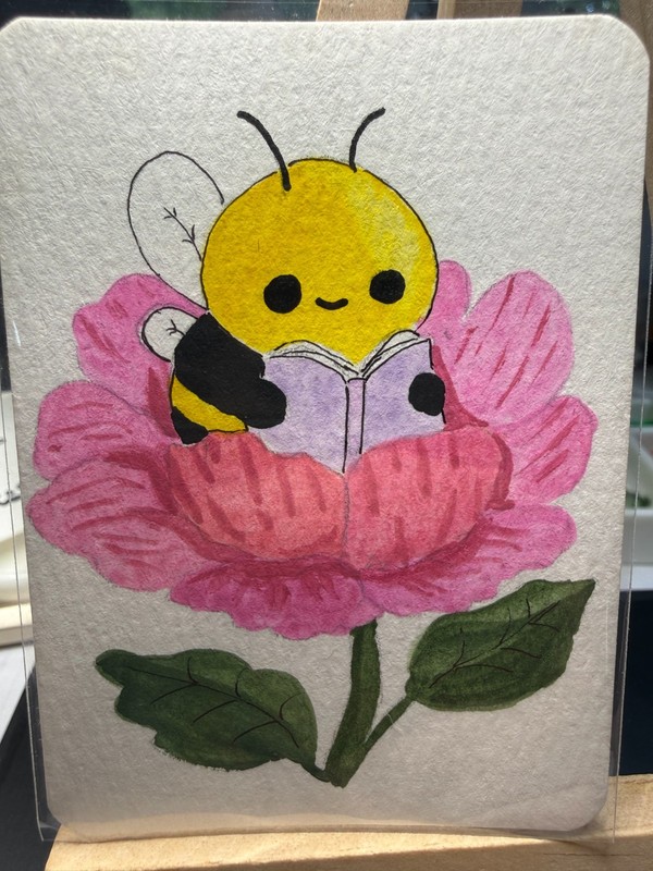 ACEO Original OOAK Signed (Not a Print) «Reading Nook» Bumblebee & Book, Flower