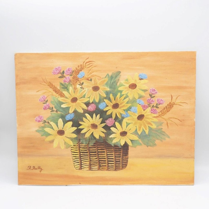 Painting Acrylic on Canvas Board Panel Floral Still Life Flowers in Basket