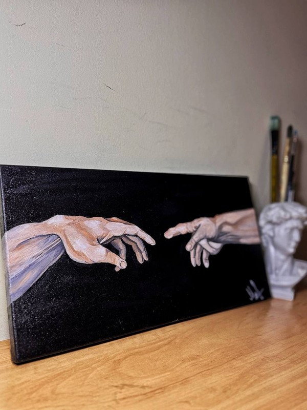 Hand-painted artwork, signed, realistic hands, symbolic gesture, modern oil pain gallery