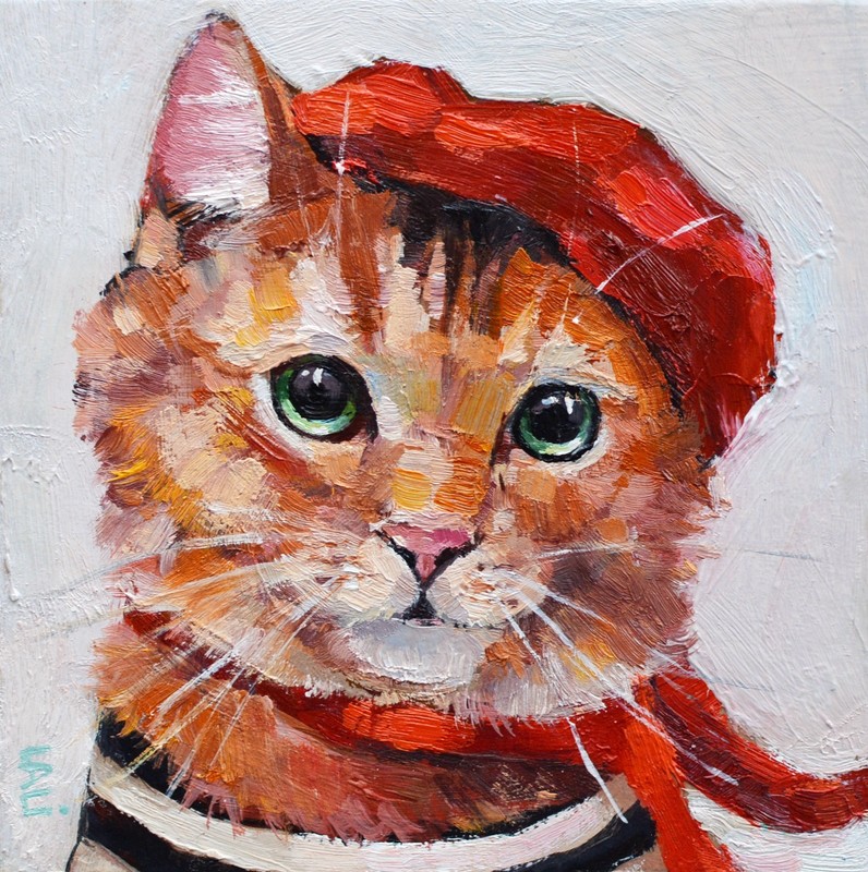 Original Oil Painting Parisian Cat 5»x5» Funny Red Cat Animal Art Pet Painting