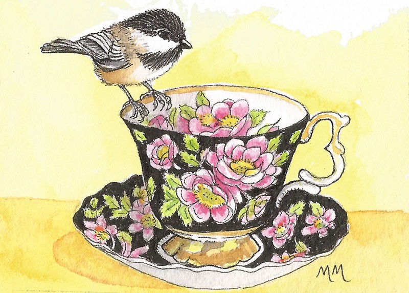 ACEO Limited Edition – Chickadee & Teacup print of Original watercolor