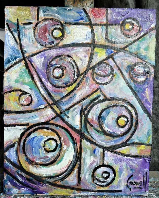 GO ROUND IN CIRCLES 8×10 oil painting abst wood art NEW original signed Crowell