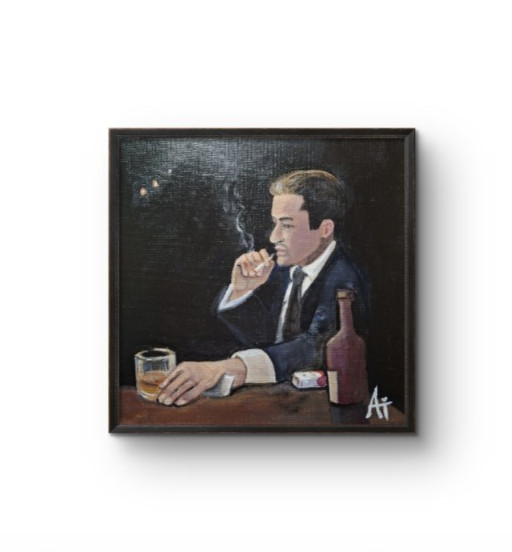 Original Hand Painted Acrylic Panel Bar Scene Signed 8×8 Wall Art