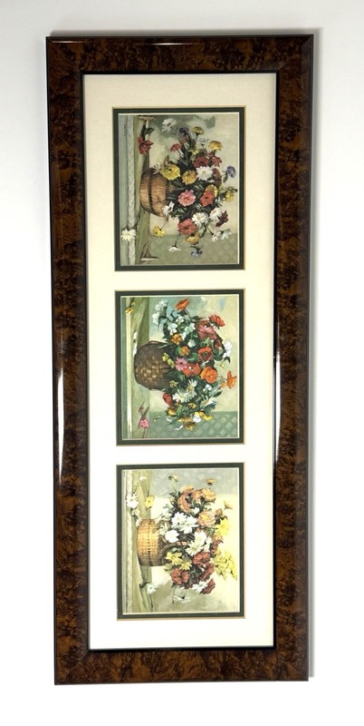 Vintage Floral Basket Still Life Wall Art Triple Print Framed 21×8.5 Cottage