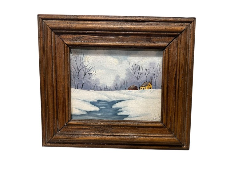 Vintage Small Signed Snowy Landscape Cabins on River PAINTING 7×8