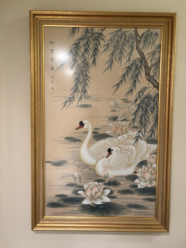 Original Framed Chinese Watercolor Painting Swans Rice Paper Silk Water Lilies