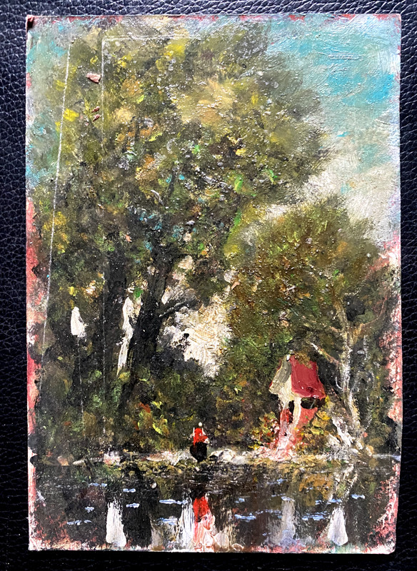 OIL PAINTING WAYSIDE CROSS IMPRESSIONIST MINIATURE ° GIRLS ANTIQUE UNSIGNED