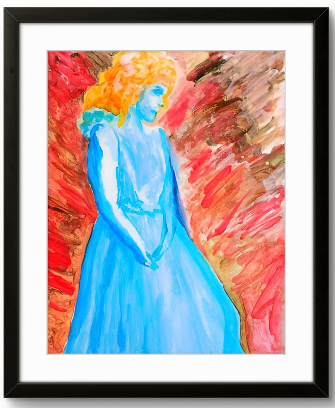 Modern Original Art Signed Blue Dress Woman Paper Acrylic Small Wall Art BACH