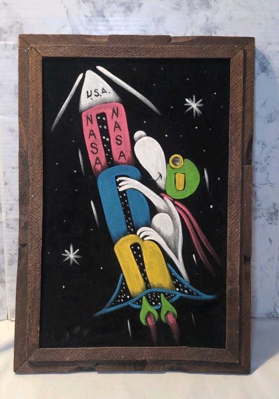 Vintage Snoopy USA NASA Rocket Space Moon Black Velvet Painting 20″X14″ Glows