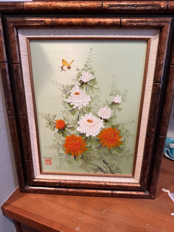 Vintage Original Oil Painting Flowers, Butterfly G. Young Signed Framed