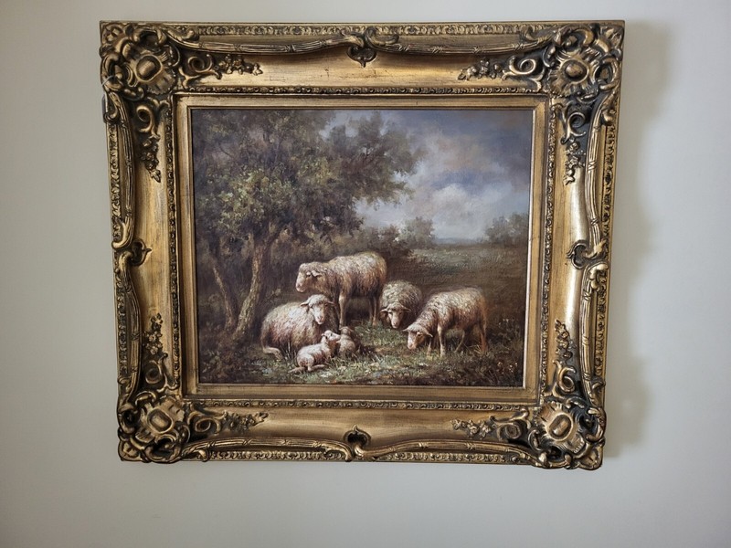 vtgoil painting Extra Large gold frame Baroque Lamb Sheep Pastoral 35″×31″×4″