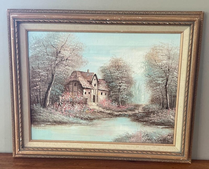 Oil Panting Landscape Rustic Cabin Rustic Vintage & Framed, Barbara Garvin gallery