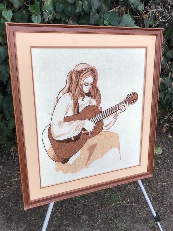 EMBROIDERY ART 1960s Original HAND MADE VINTAGE MID CENTURY MODERN Girl & Guitar