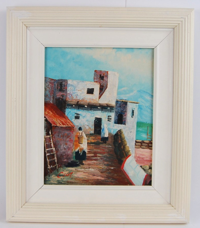 Vtg 80s C. Loft Original Oil Painting «Southwestern Pueblo Village Scene I» 8X10
