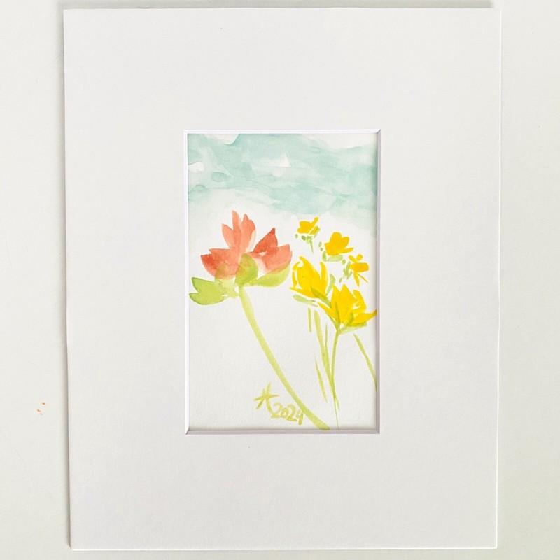 Spring Fling Original Wall Art Minimalist Flowers Watercolor Painting Mat 8x10in gallery