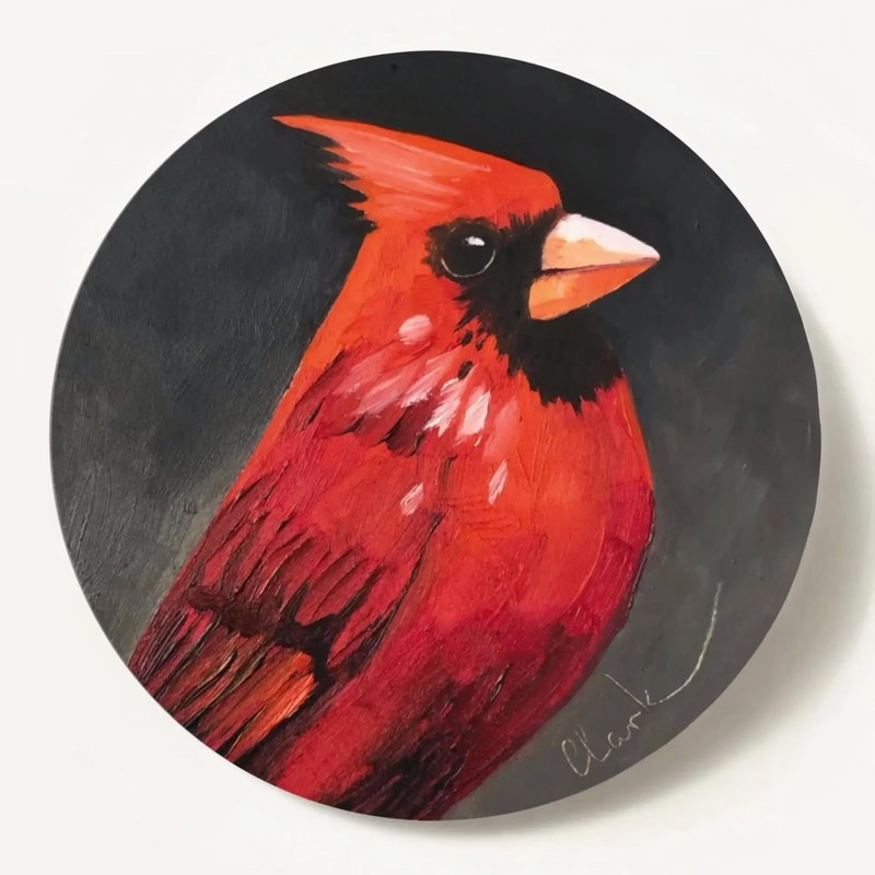 Original Oil Painting Cardina Art on Round Wood Panel Miniature Nature Decor