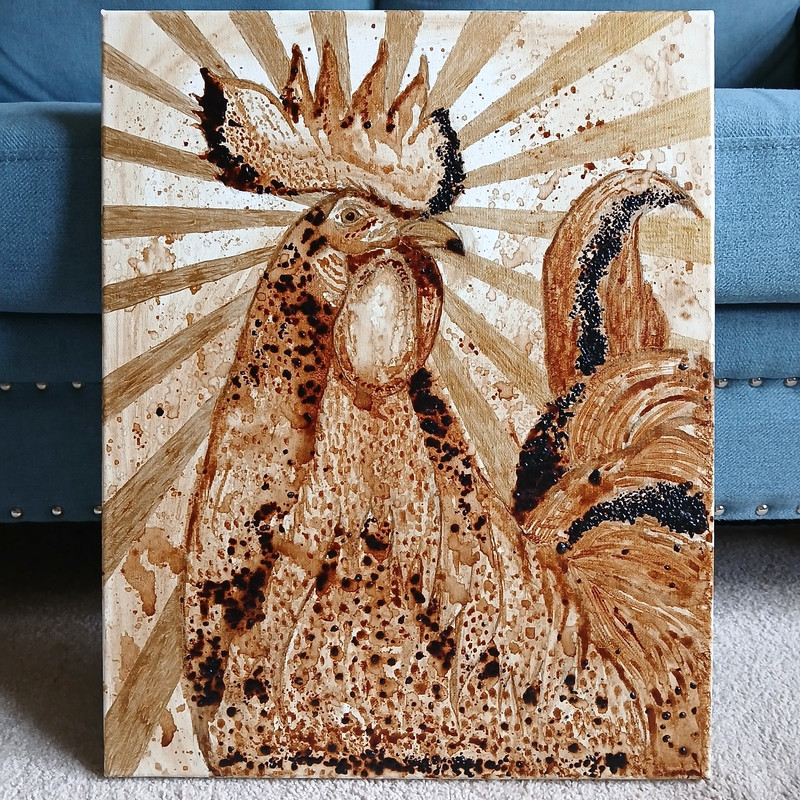 Original Rooster Painting on Canvas Gold & Brown Tones Farmhouse Country Chicken