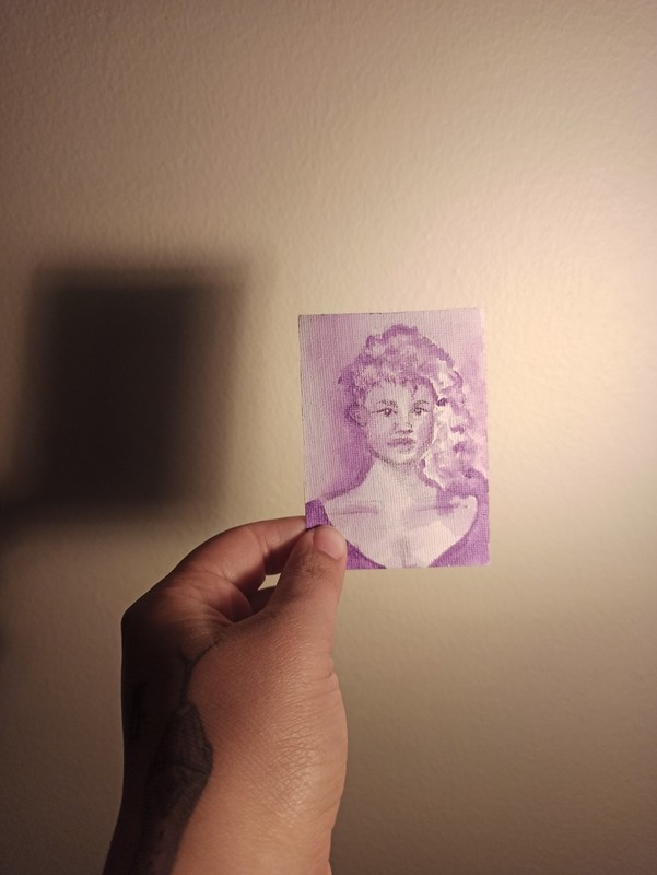 ACEO Woman Thoughtful Lady Purple Monochromatic Girl Acrylic Mini By O.MyLore