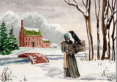 ACEO CROW RYTA CHRISTMAS PRINT OF PAINTING LANDSCAPE HOUSE WINTER folk art farm