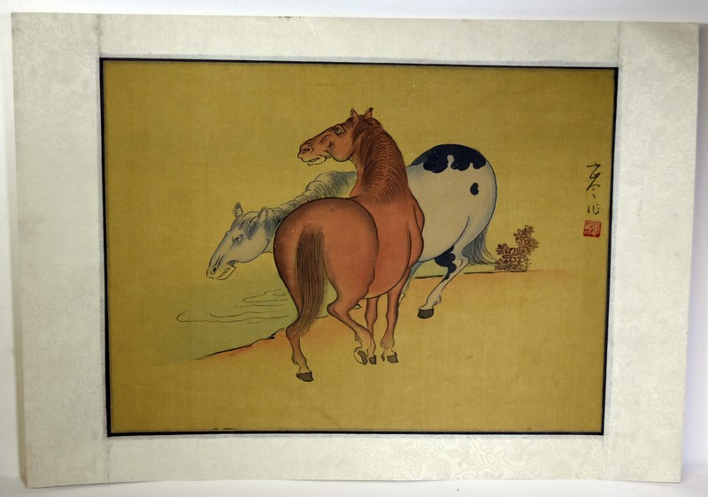 15″ Antique Chinese Asian Signed Watercolor on Silk Brown Blue Horses At Water