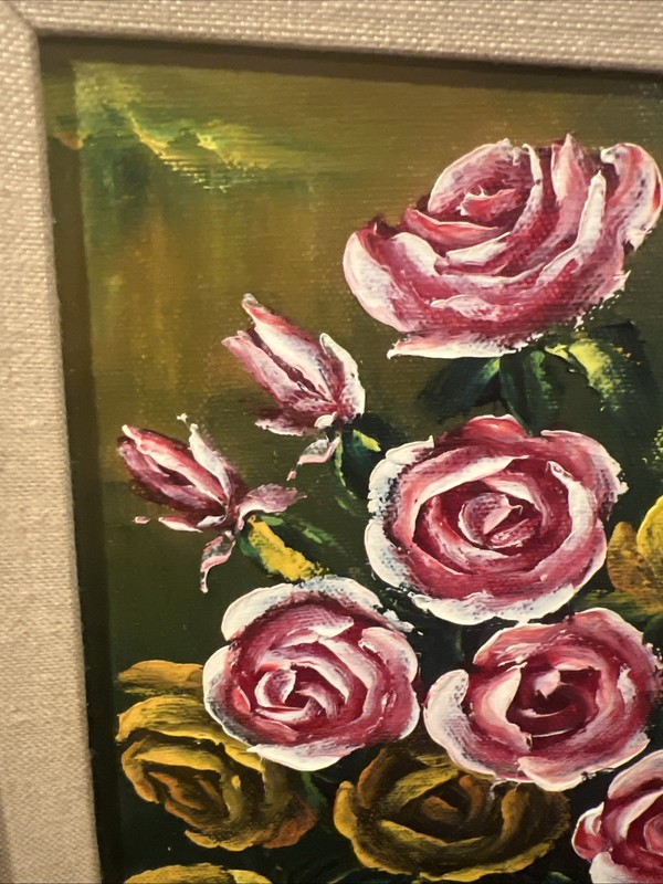 Oil painting bouquet of pink and yellow roses vase Signed gallery