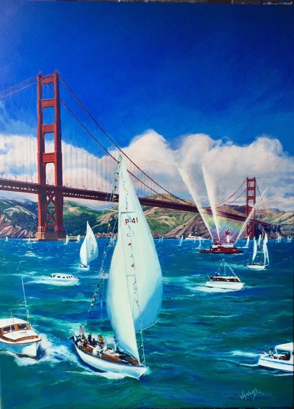 HUGE CANVAS San FRANCISCO Golden Gate Bridge 1957 Sail Boat Regatta VANCAS 1950s
