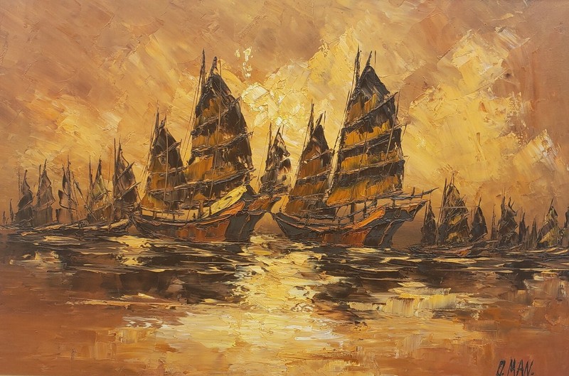 Rare Signed O. Man – Boats in Harbor – Seascape Vintage Painting Hong Kong Art