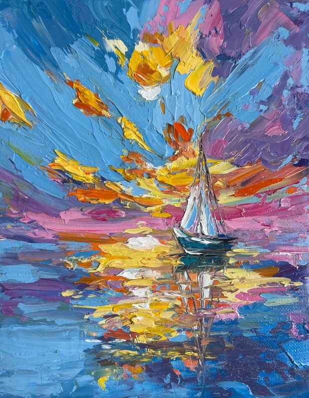 Original Oil Painting Sailboat Sunset Colorful Seascape Wall Art Hand-Painted