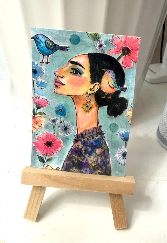 OOAK Woman & Birds ACEO Mixed Media Art Whimsical Portrait Miniature by AdriO gallery