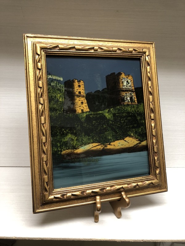 Unique VTG Castle Scene Reverse Painted On Glass With Abalone Shells Wood Frame
