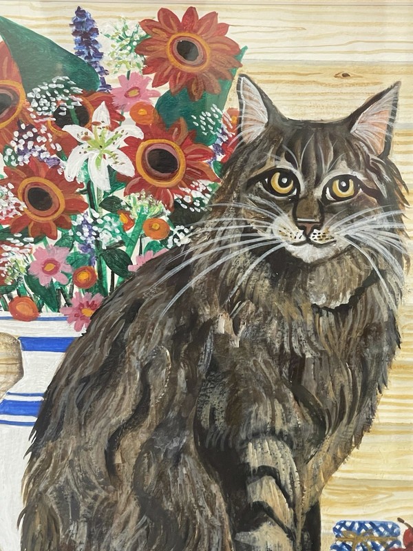 Original Jan Panico Signed Painting – Maine Coon Cat with Florals 12x16 gallery