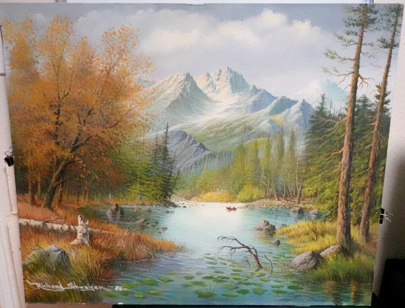 RICHARD SCHWAIGER RIVER SNOW MOUNTIAN GLACIER OIL ON BOARD LANDSCAPE PAINTING