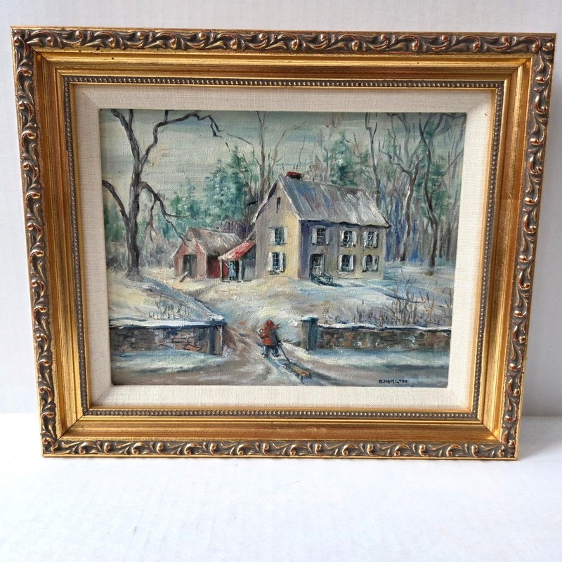 Original Oil Painting Country Amish Farm House Barn Snow Girl Sled Gold Framed