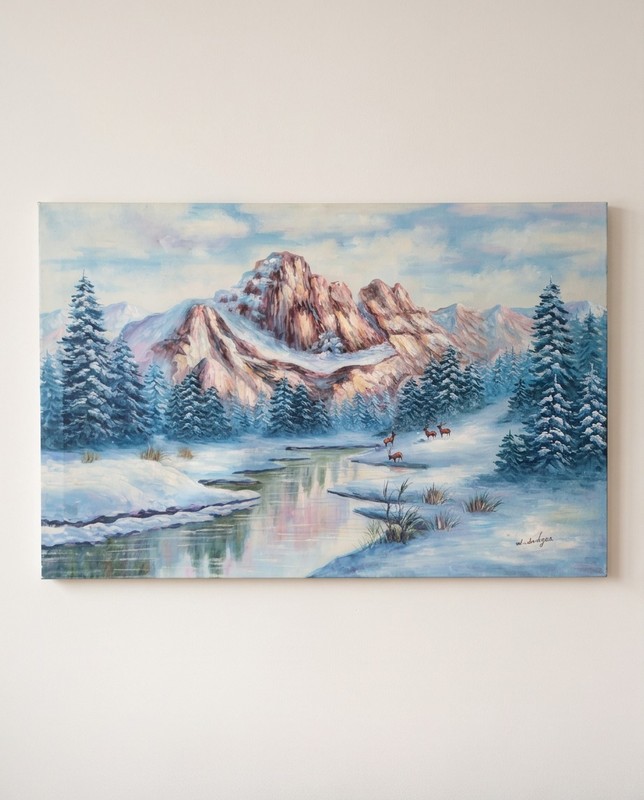 Signed oil on canvas painting. winter mountain landscape scene 36″×24″ unframed
