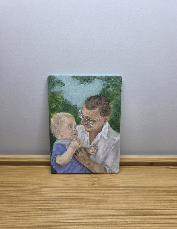 ACEO Signed Original Painting | Oil On Wood | Dad And Baby Impressionist